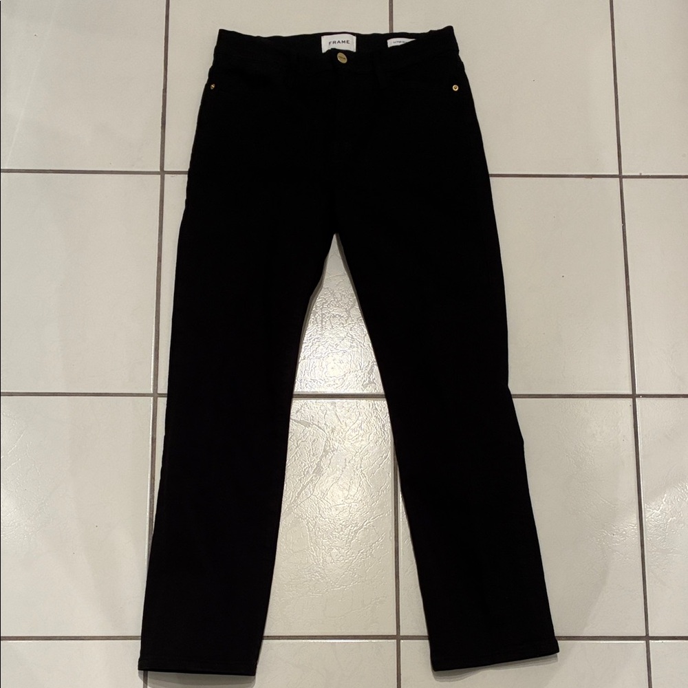 Frame le high straight black denim jeans.